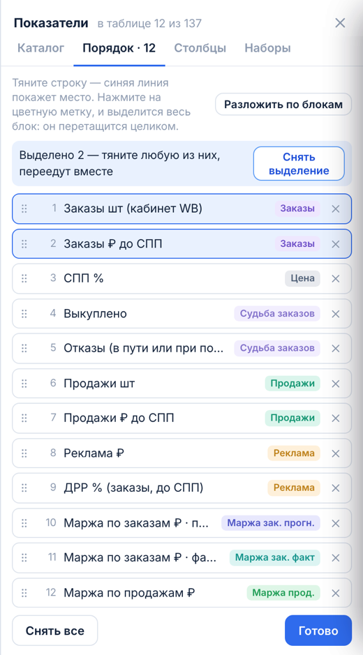 Нажали на метку «Заказы» — обе строки блока выделены