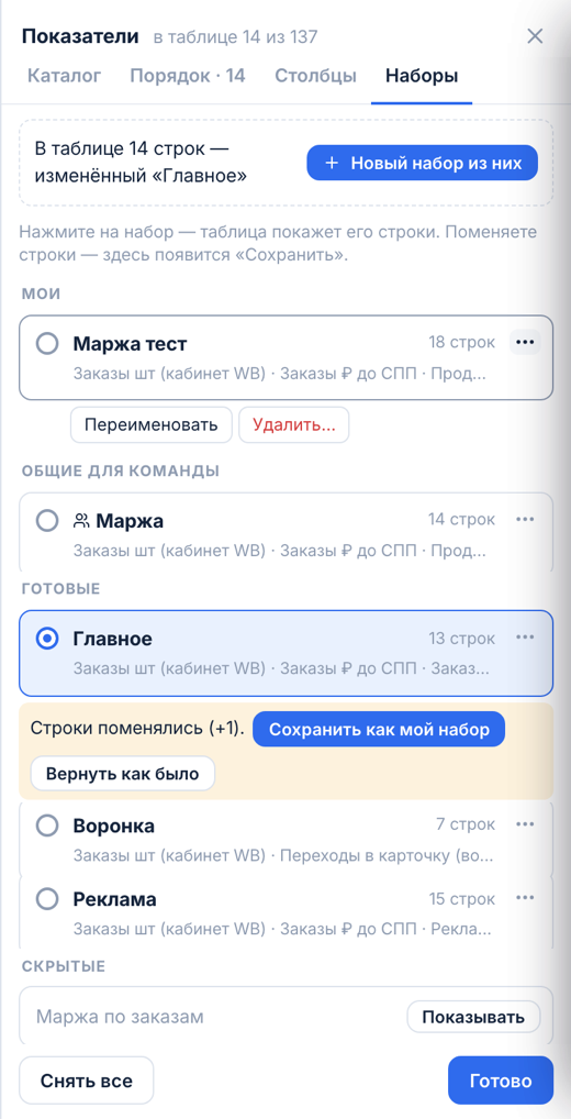 Вкладка «Наборы»: у своего набора открыто меню «⋯», готовый «Главное» изменён