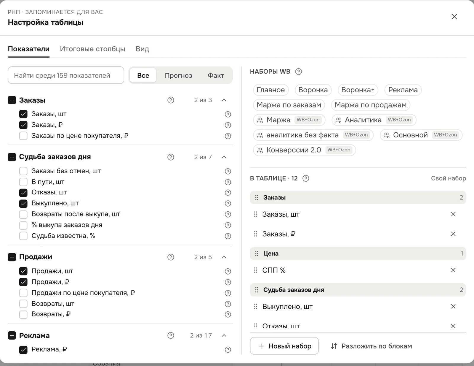 Окно «Настройка таблицы», вкладка «Показатели»
