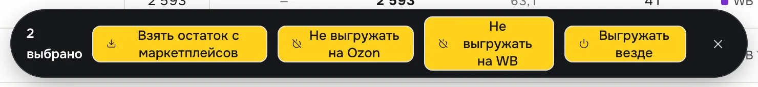 Панель действий для выбранных товаров