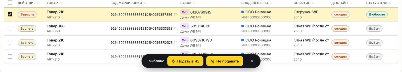 Панель для отмеченных кодов