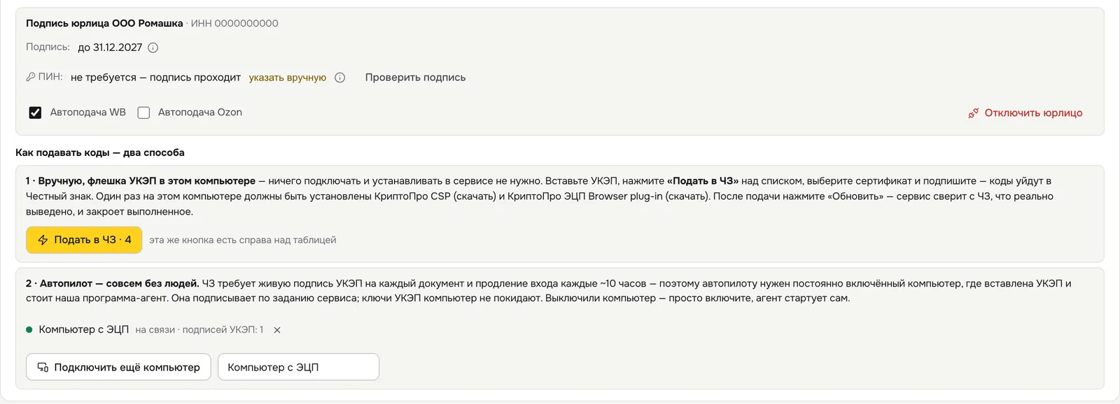 Настройка: подпись юрлица и два способа подачи